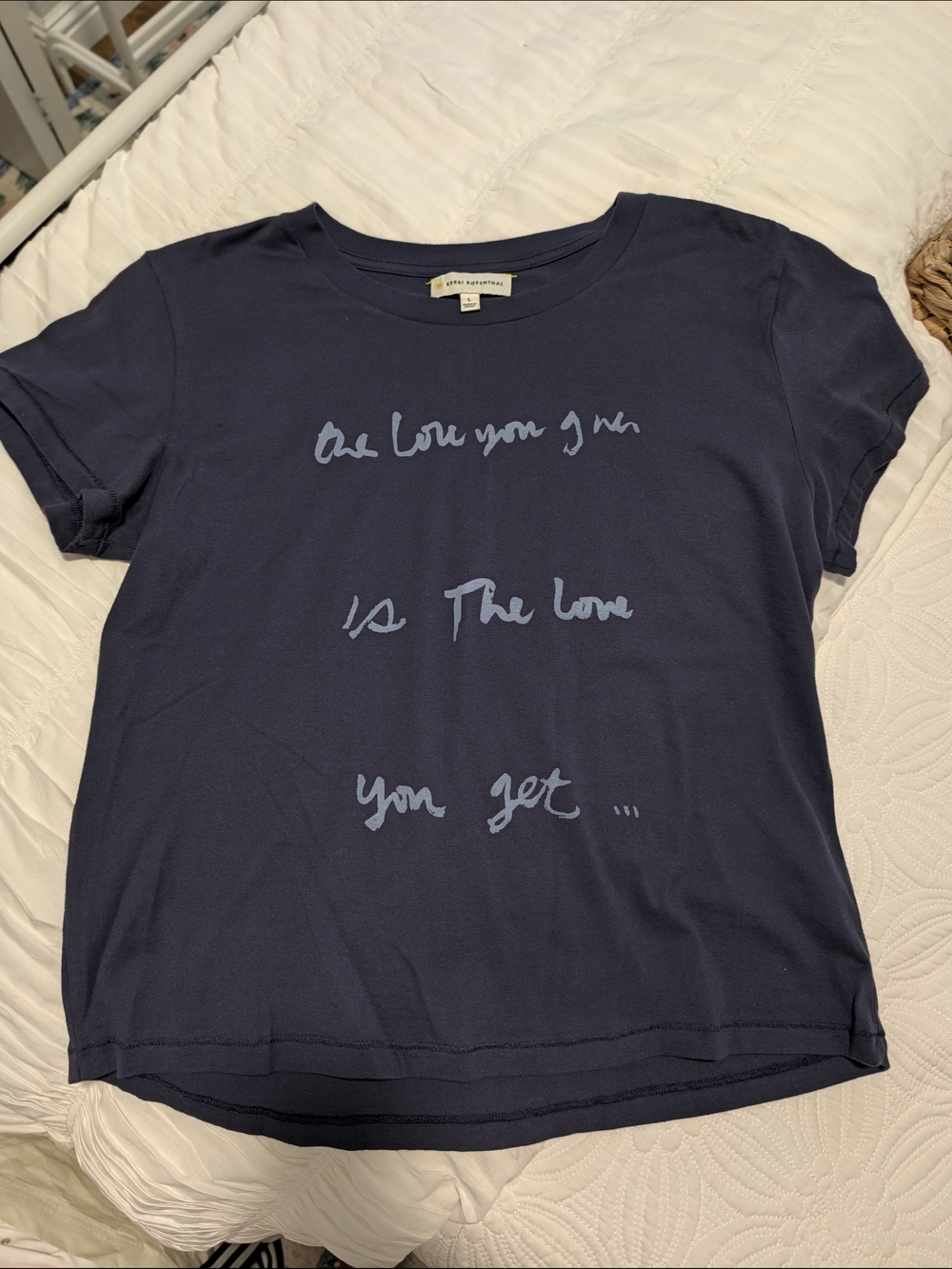NWOT Kerri Rosenthal Navy Short Sleeve Graphic Tee with Light Blue Script, Large
